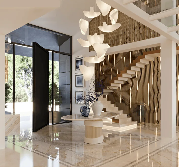 Luxury home entrance hall with floating staircase, architectural lighting and designer chandelier