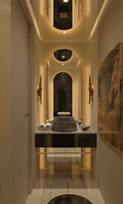 Elegant bathroom with architectural lighting, marble basin and mirrored arch detail