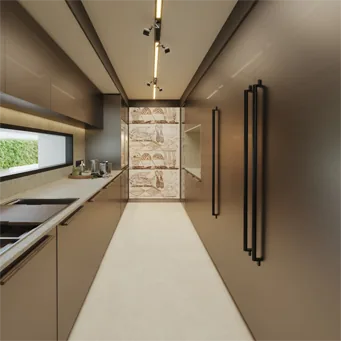 Modern kitchen with recessed track lighting in a luxury smart home
