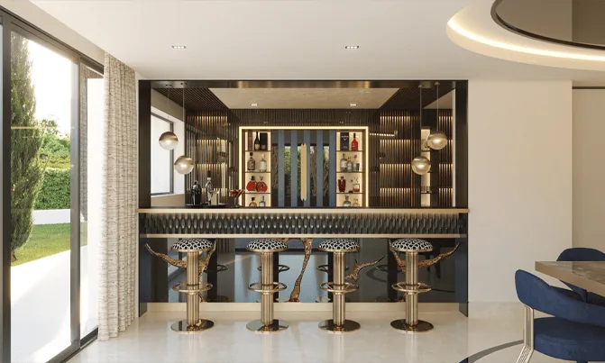 Luxury home bar with integrated mood lighting and gold bar stools
