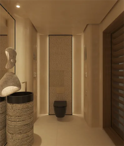 Designer cloakroom with architectural recessed lighting and stone basin